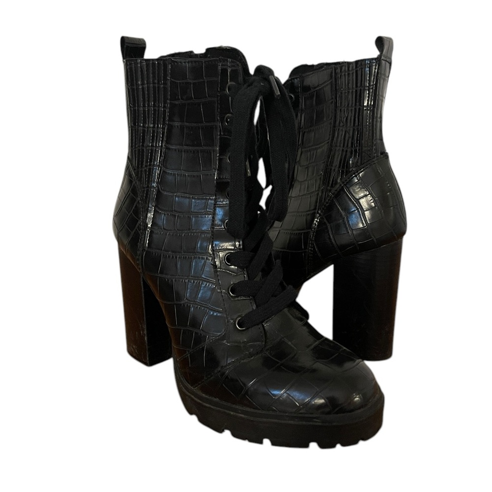 Black Croc-Embossed Lace-Up Boots with Block Heel
